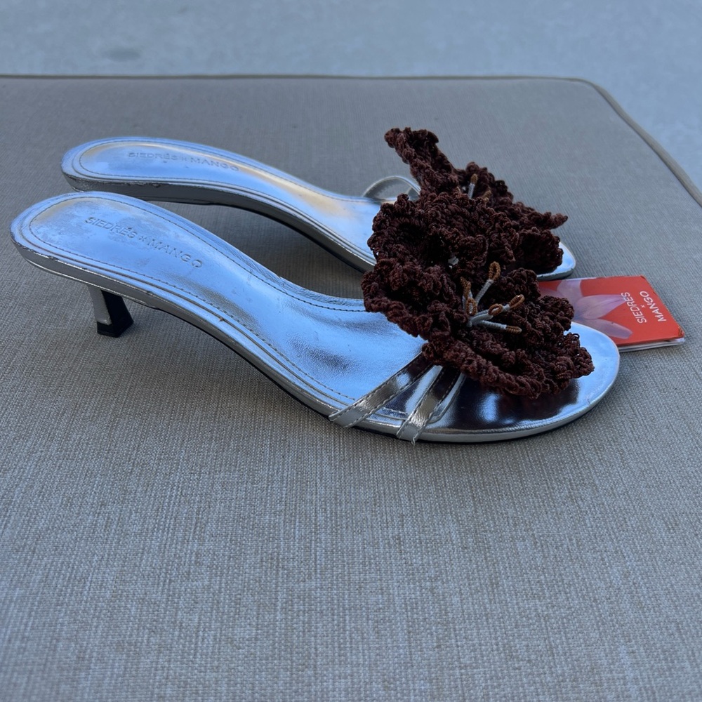 Mango Silver Slide Sandals with Brown Crochet Flowers - Picture 2 of 8